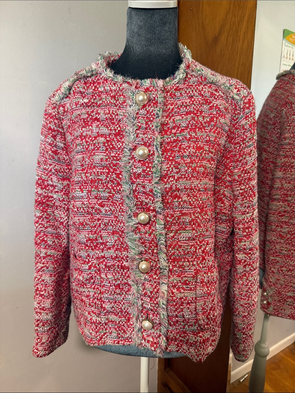 Zara Red & Cream Tweed Pearl-Button Jacket